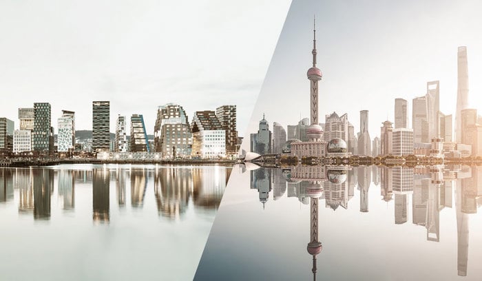 Comparison of modern city skylines: Oslo on the left and Shanghai on the right, both reflected in the water.