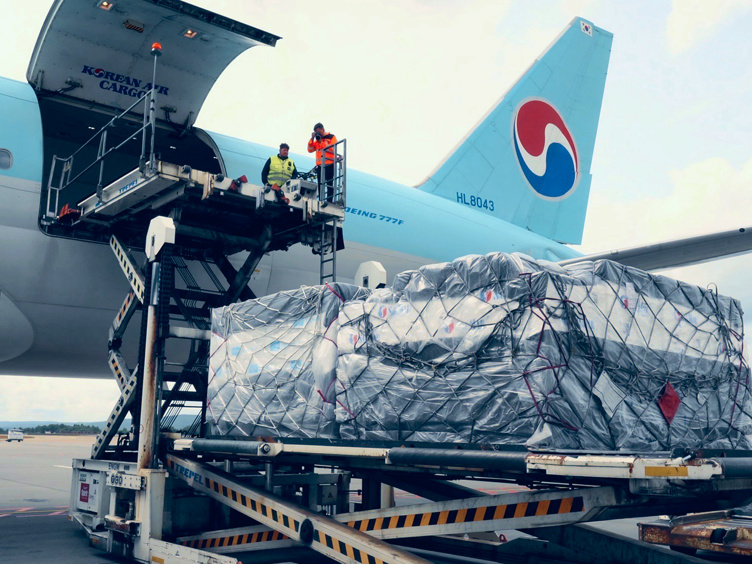 Cargo being loaded onto a Korean Air Boeing 777F freighter
