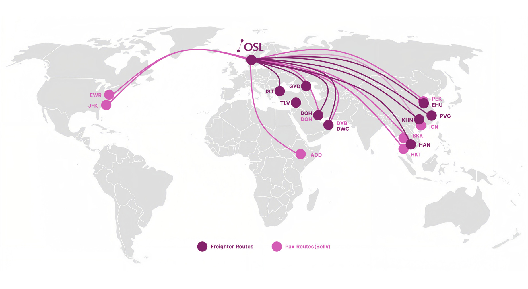 Global map showing freighter and pax routes (belly) from Oslo Airport