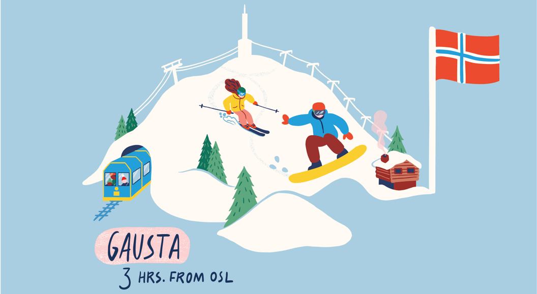 Illustrated map of Gausta, Norway, featuring skiers, a snowboarder, a mountain tram, and a Norwegian flag with “3 hrs. from OSL” text