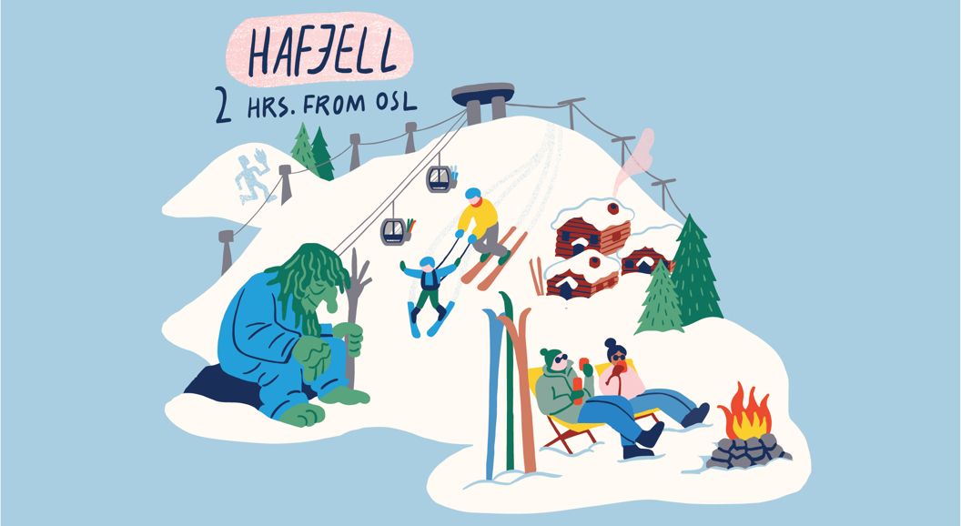 Illustrated map of Hafjell ski resort in Norway with skiers, gondola lift, cabins, and people relaxing by a campfire in the snow