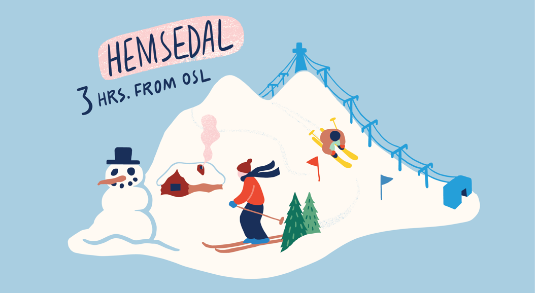 Illustrated Hemsedal ski resort map with skier, snowman, cabin, and ski lift, labeled “3 hrs. from Oslo”