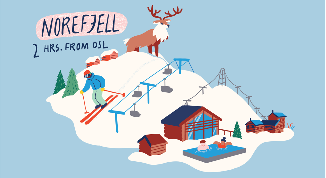Illustrated Norefjell ski resort map with skier, chairlift, cabins, and mountain lodge in Norway, 2 hours from Oslo