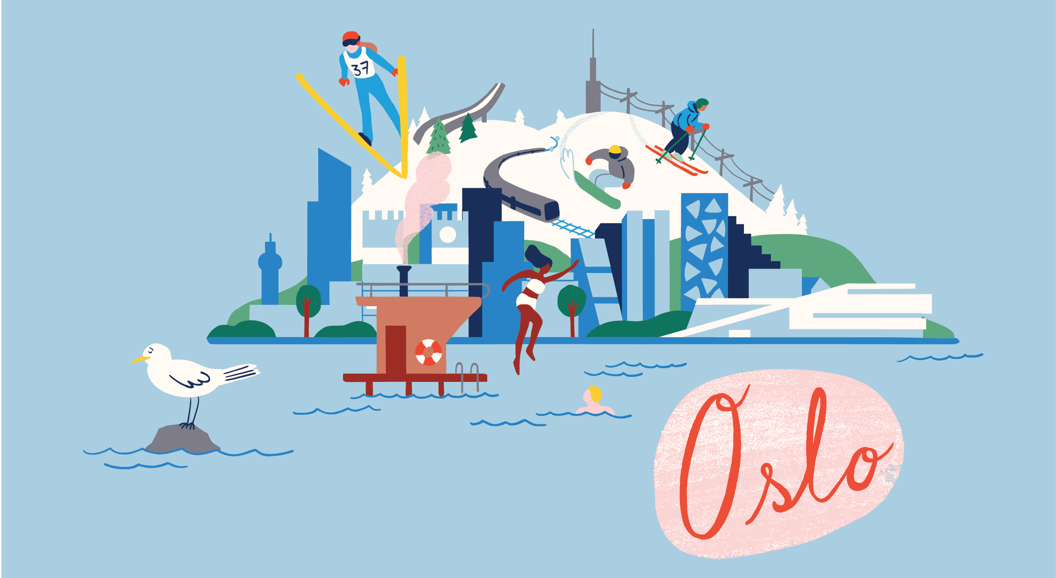 Stylized Oslo cityscape with ski jumpers, waterfront buildings, and the Oslo logo on a blue background