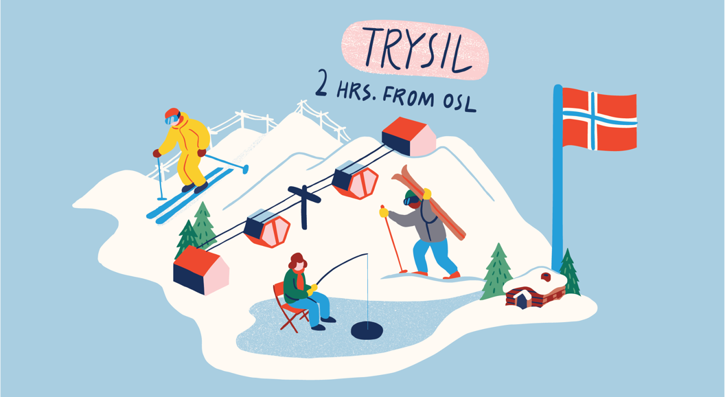 Illustrated map of Trysil, Norway, showing skiing, chairlift, fishing, cabins, and a Norwegian flag with “2 hrs. from Oslo” text