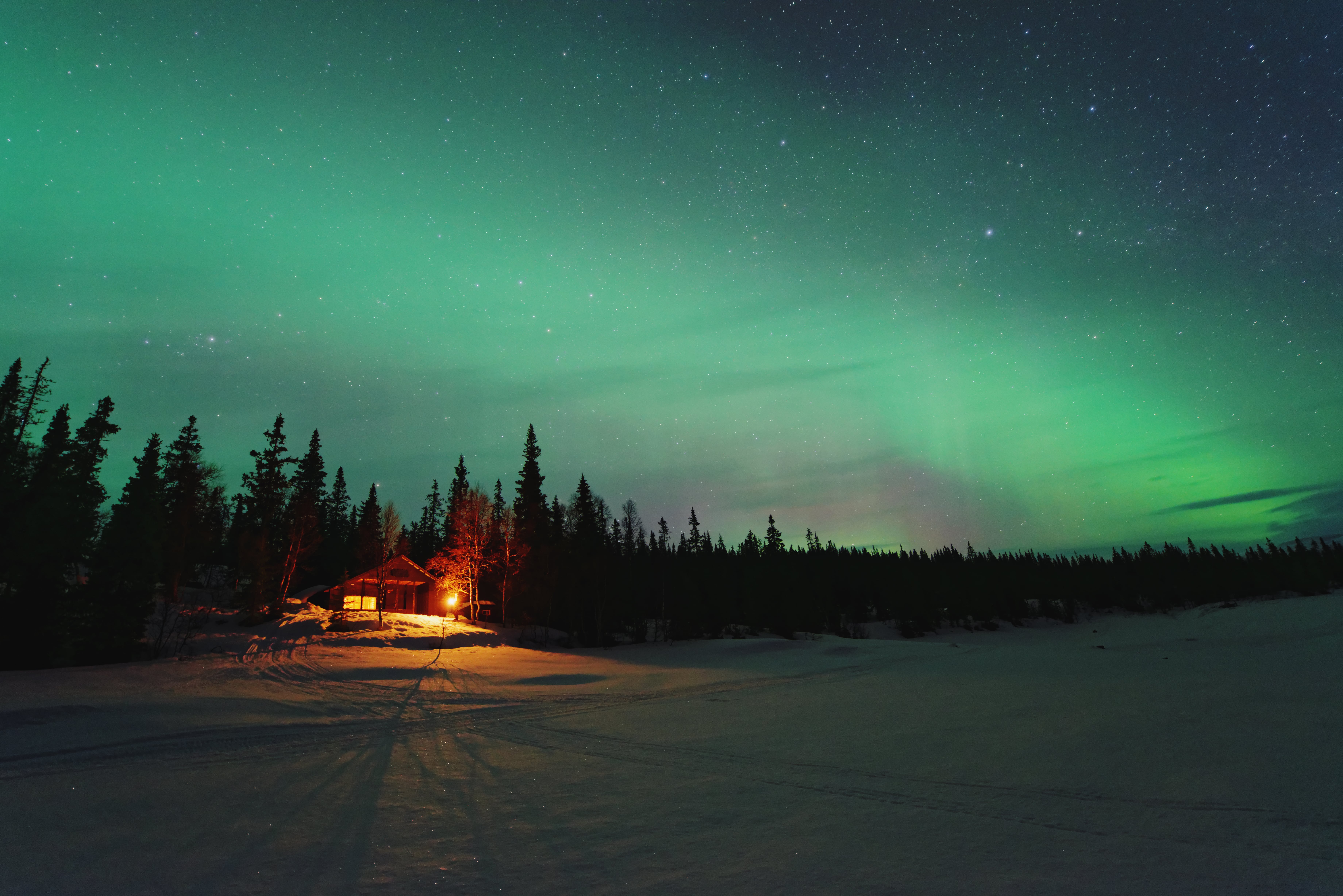 Nordlys over snødekt landskap med en isolert hytte omgitt av skog i vinterkveld.