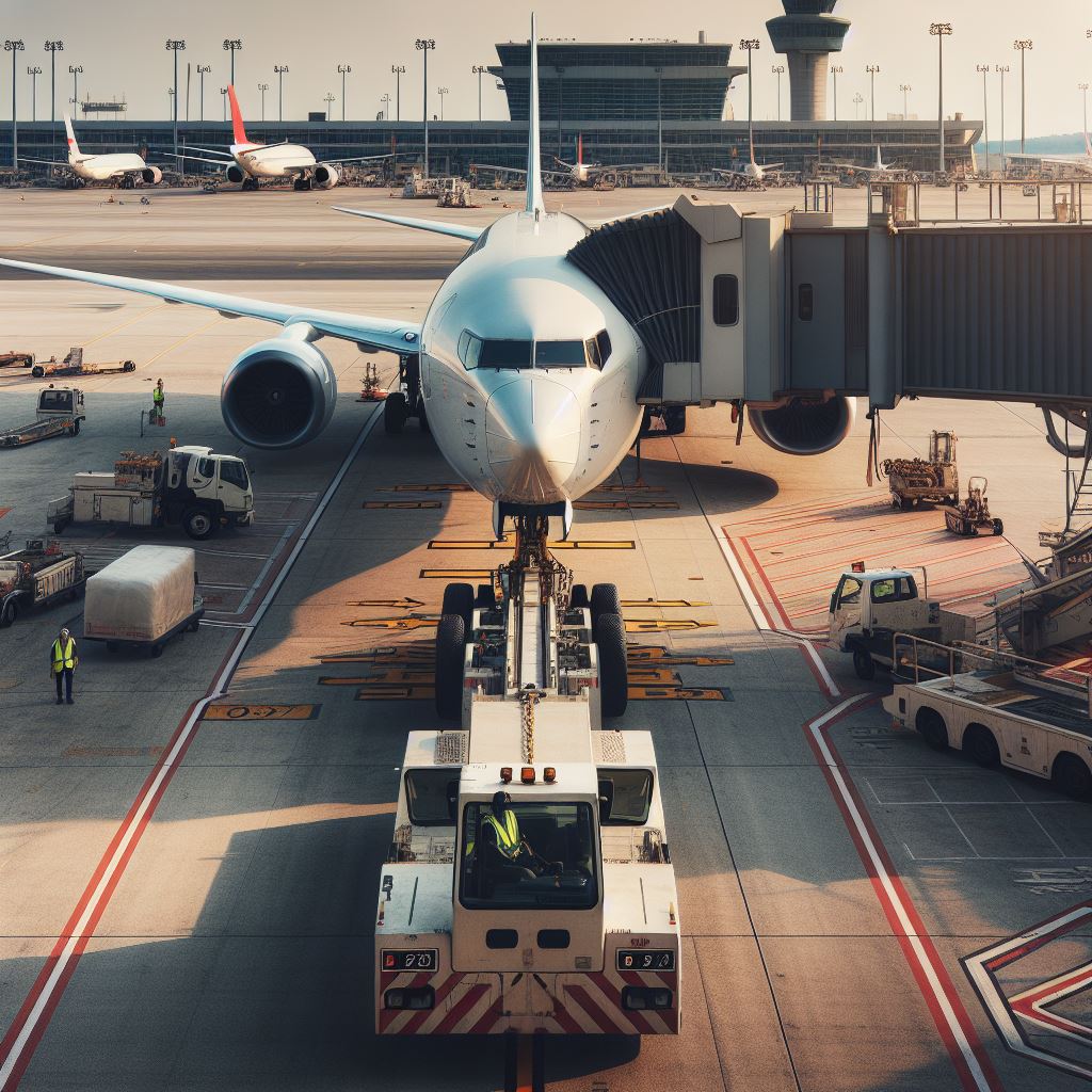 Passasjerfly ved terminal med flybro på flyplass, bakketjenester og flere fly i bakgrunnen.