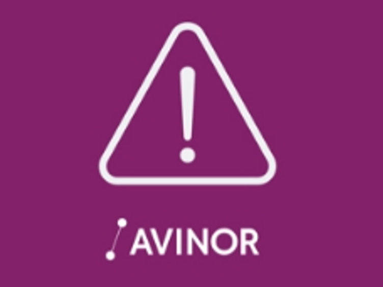 Advarselssymbol med utropstegn og Avinor-logo på lilla bakgrunn